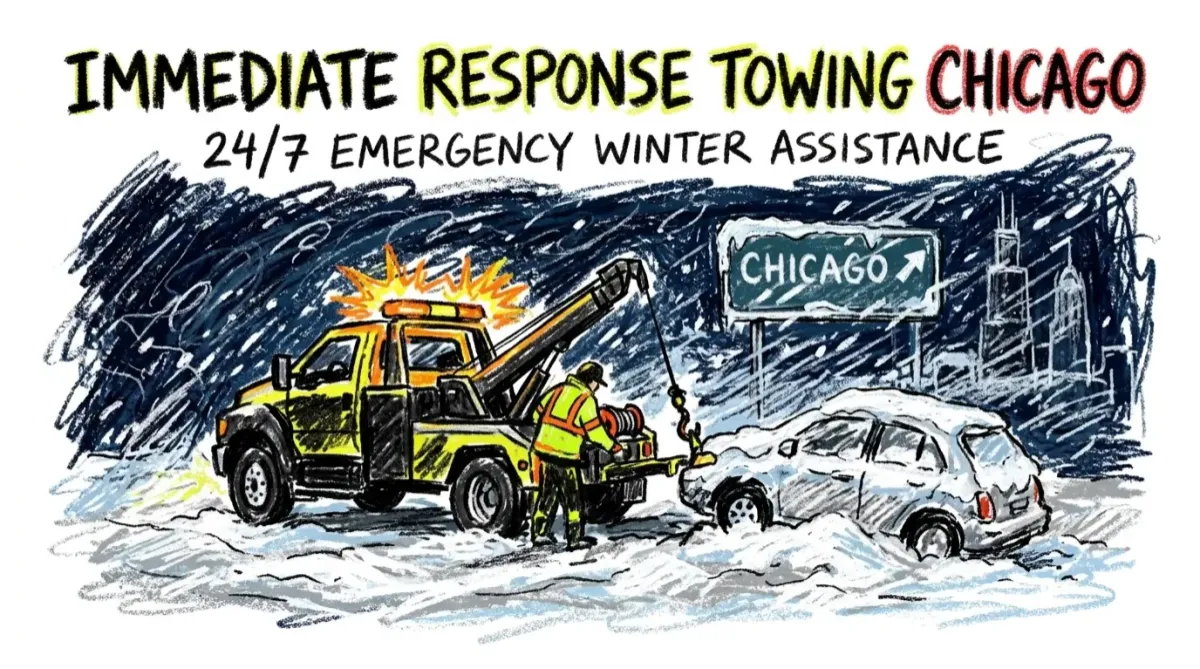 Tow truck assisting stuck car after breakdown in winter weather