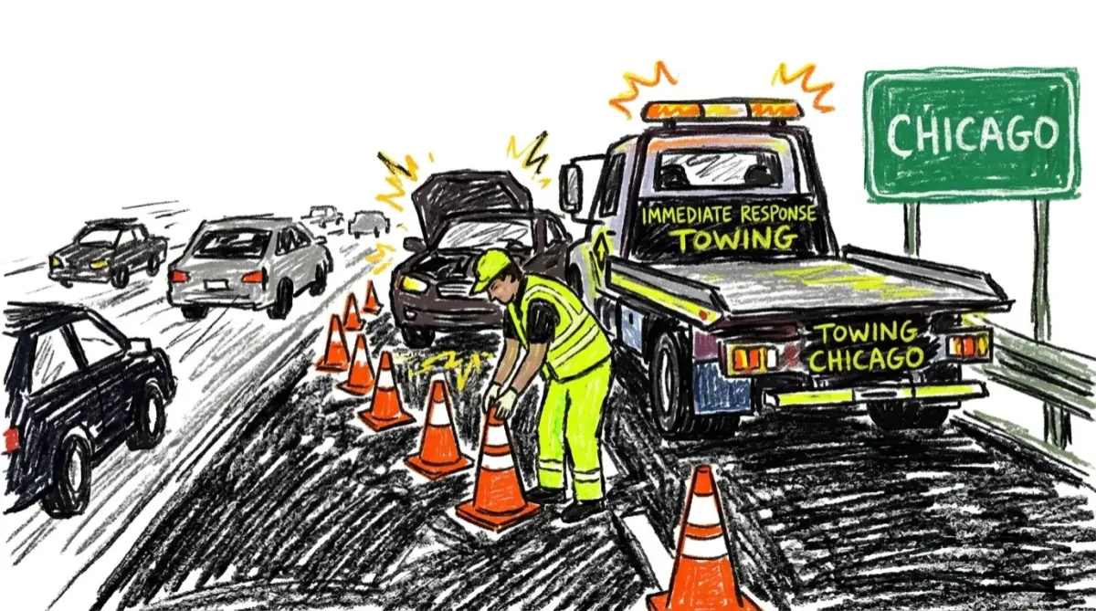 Tow truck driver setting cones around breakdown vehicle on busy highway