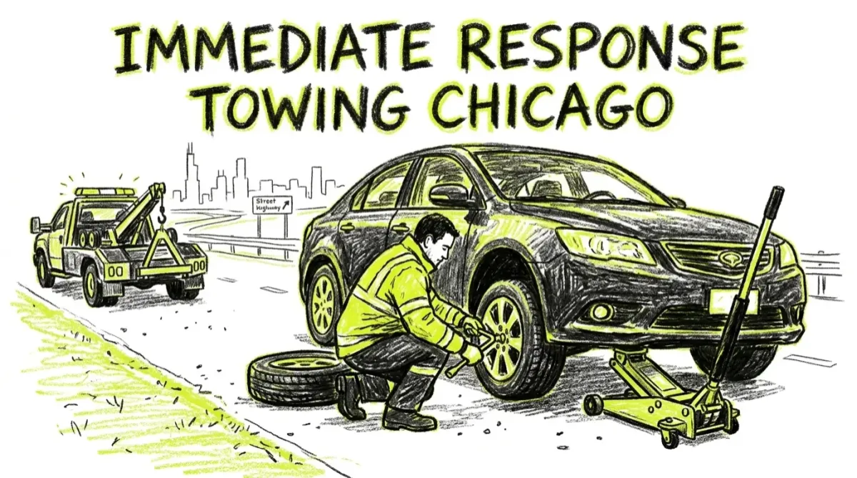 Technician changing car flat tire on the roadside
