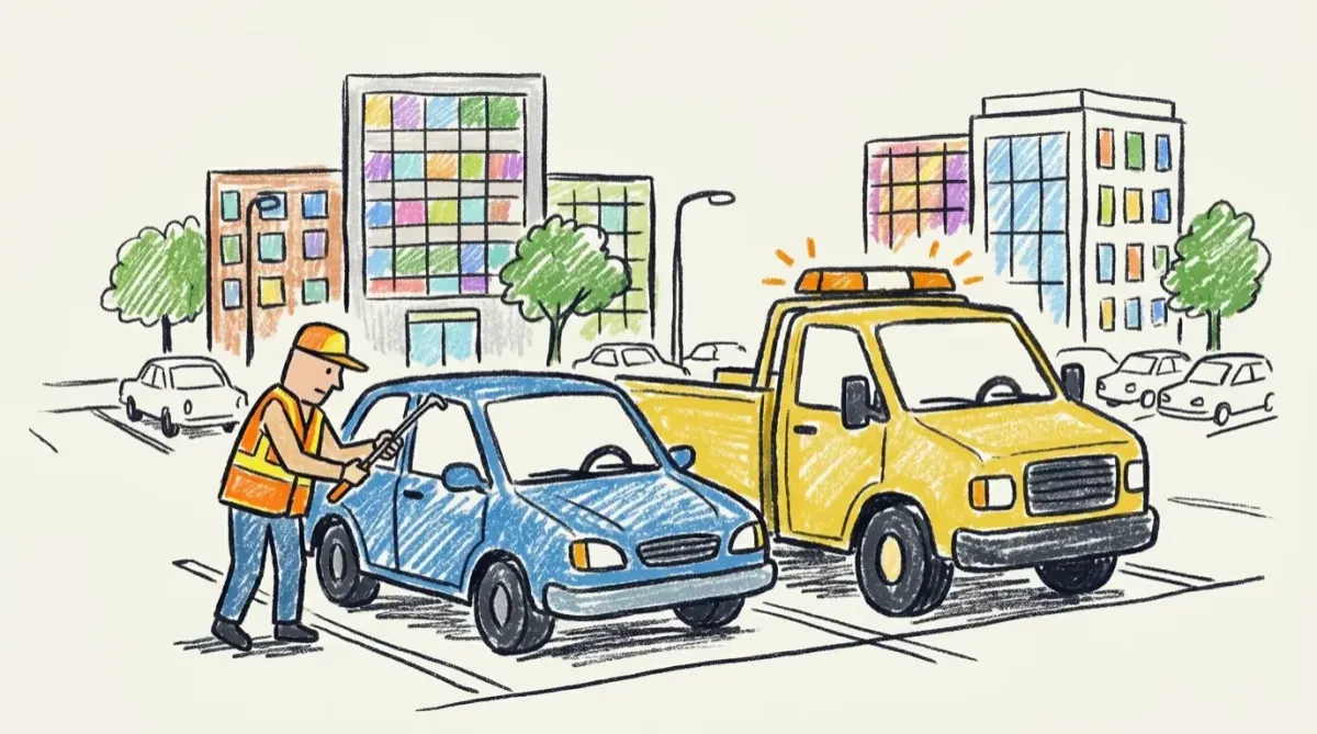 Technician unlocking car in parking of Office Location