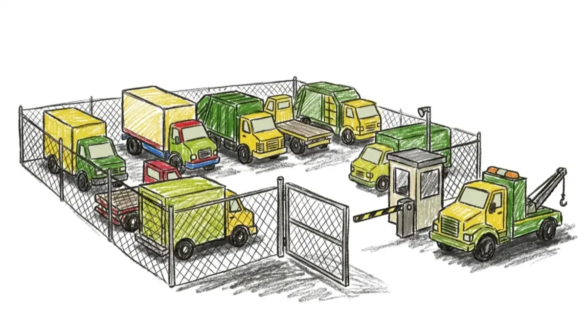 Tow truck at storage lot facility