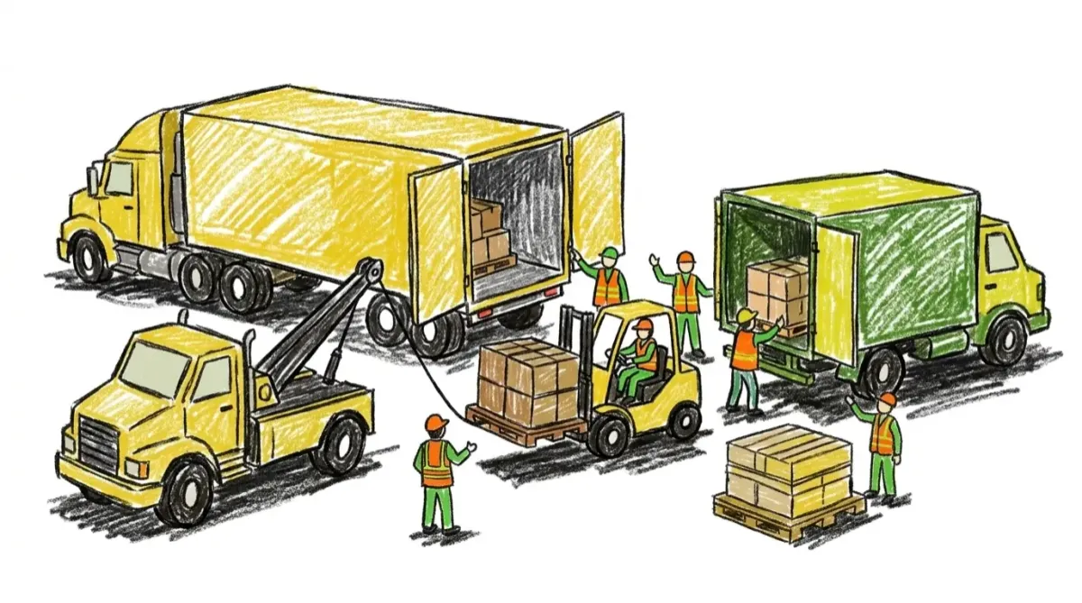 Forklift transferring cargo between Freight trucks