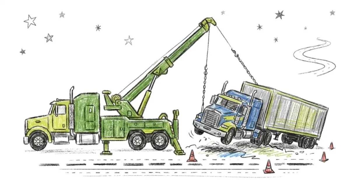 Tow truck recovering commercial Heavy truck after accident