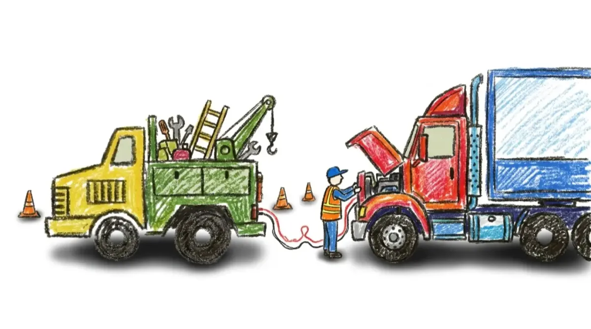 Tow truck repairing semi truck on Expressway roadside