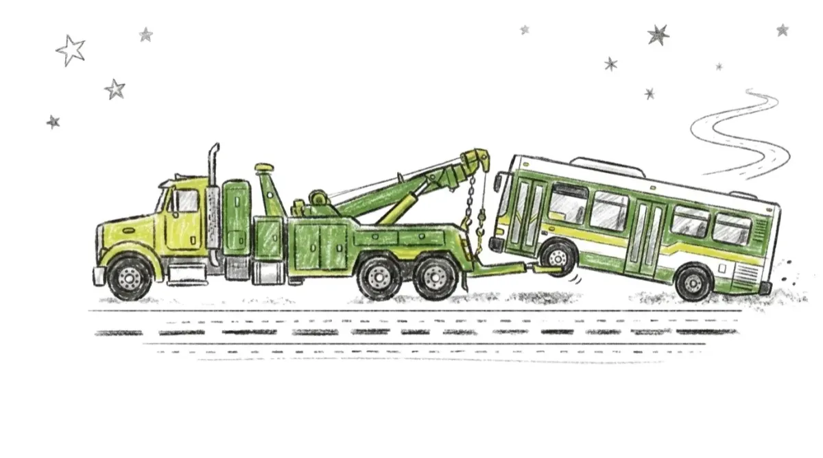 Tow truck towing out-of-service city bus