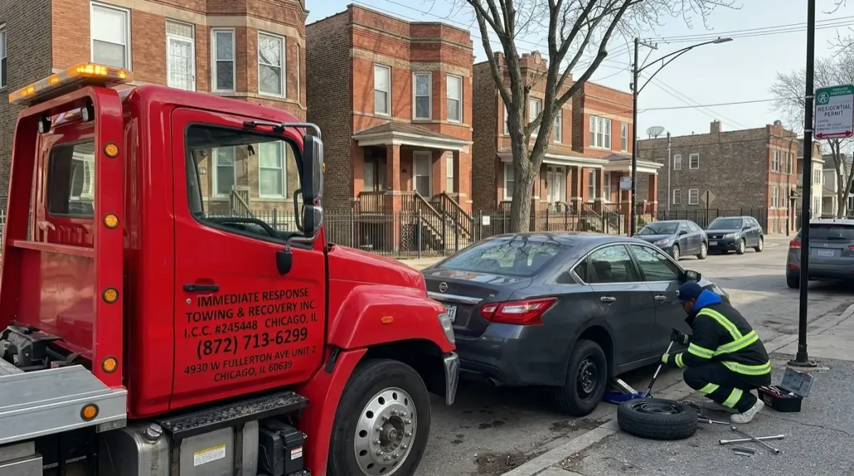 Technician changing a flat tire