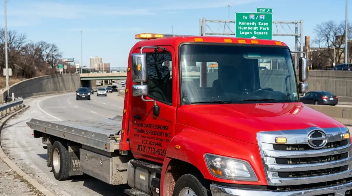 Tow truck parked on highway- Kennedy Expressway ramp