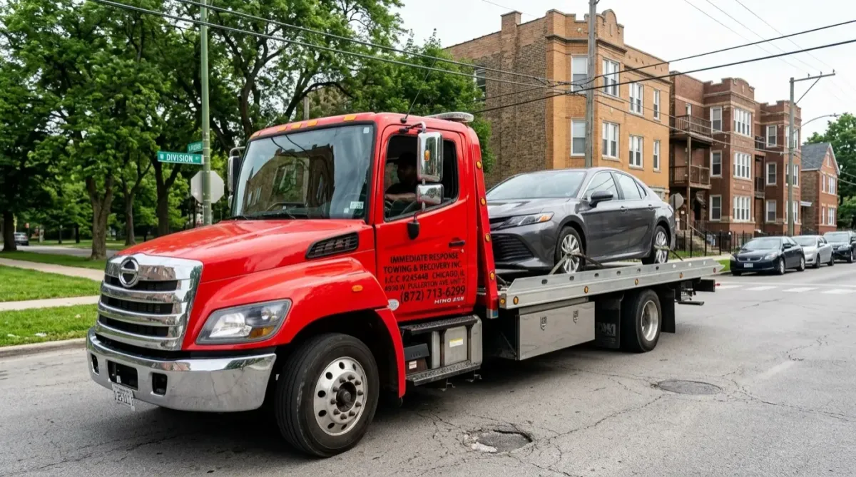 Tow truck transporting a vehicle