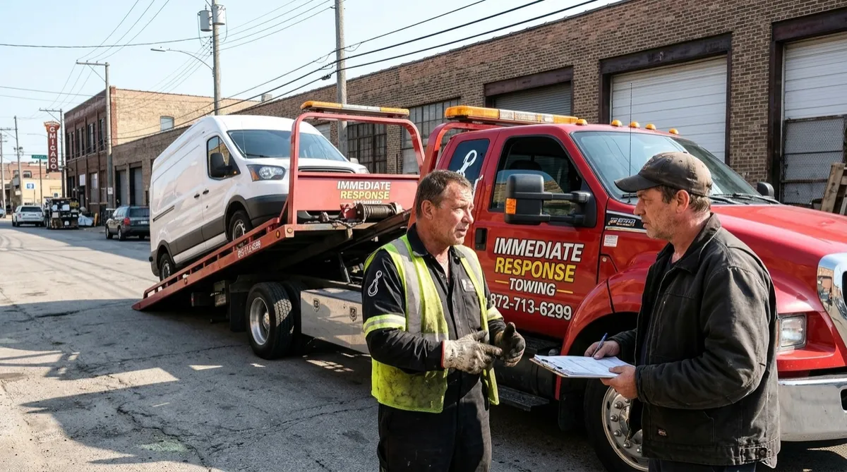 Red Immediate Response Towing truck loading a white delivery van outside a Chicago business while a tow operator in branded black uniform talks with the fleet manager