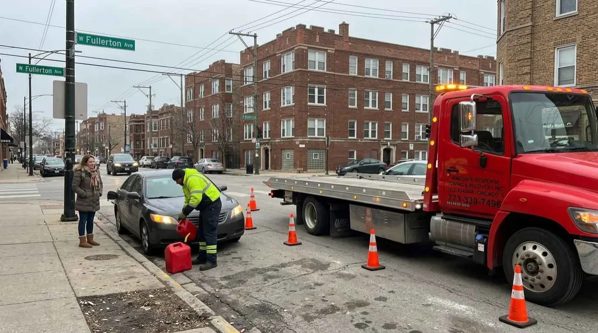 Emergency fuel delivery for a stranded car near Fullerton Avenue in Chicago