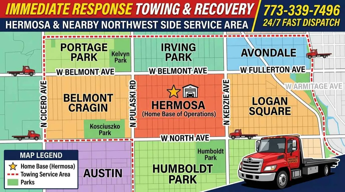 Map of Hermosa and nearby Northwest Side neighborhoods served by Immediate Response Towing