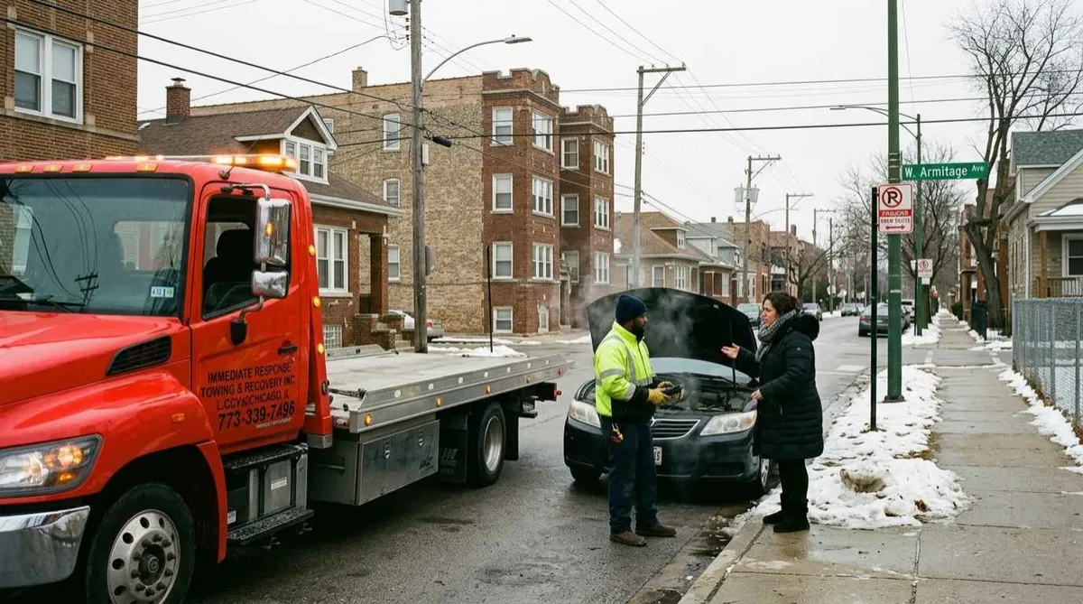 Local tow truck assisting a stranded driver near Hermosa, Chicago