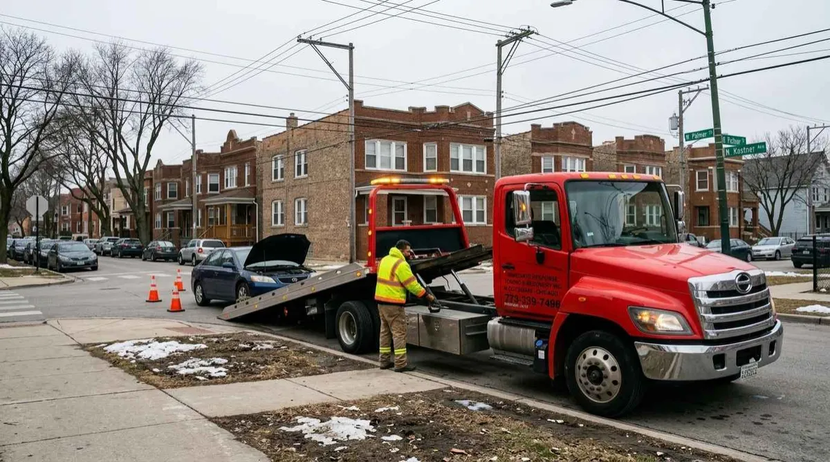 Tow truck providing emergency towing service in Hermosa, Chicago