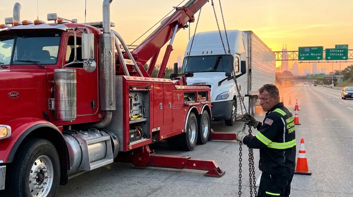 Red Immediate Response Towing heavy duty wrecker lifting a disabled semi truck on a Chicago highway at sunrise