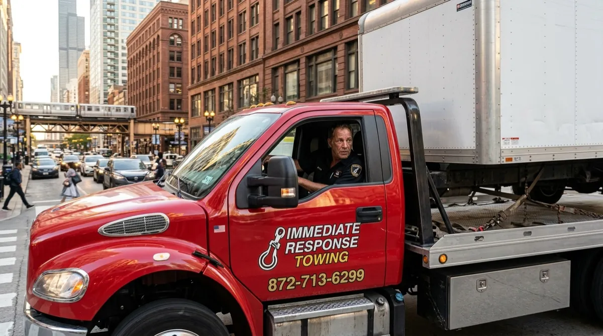 Red Immediate Response Towing flatbed carrying a stalled box truck through downtown Chicago at golden hour
