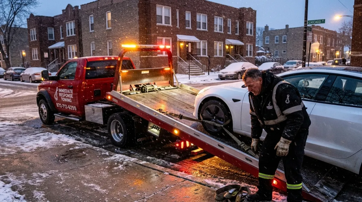 Red Immediate Response Towing flatbed loading a stranded electric car on a snowy Chicago street at dusk