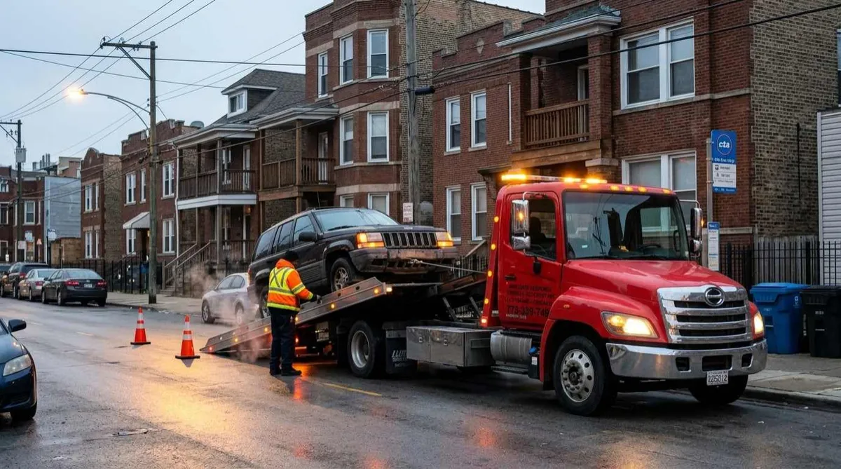 Flatbed tow truck loading a disabled car in Avondale, Chicago