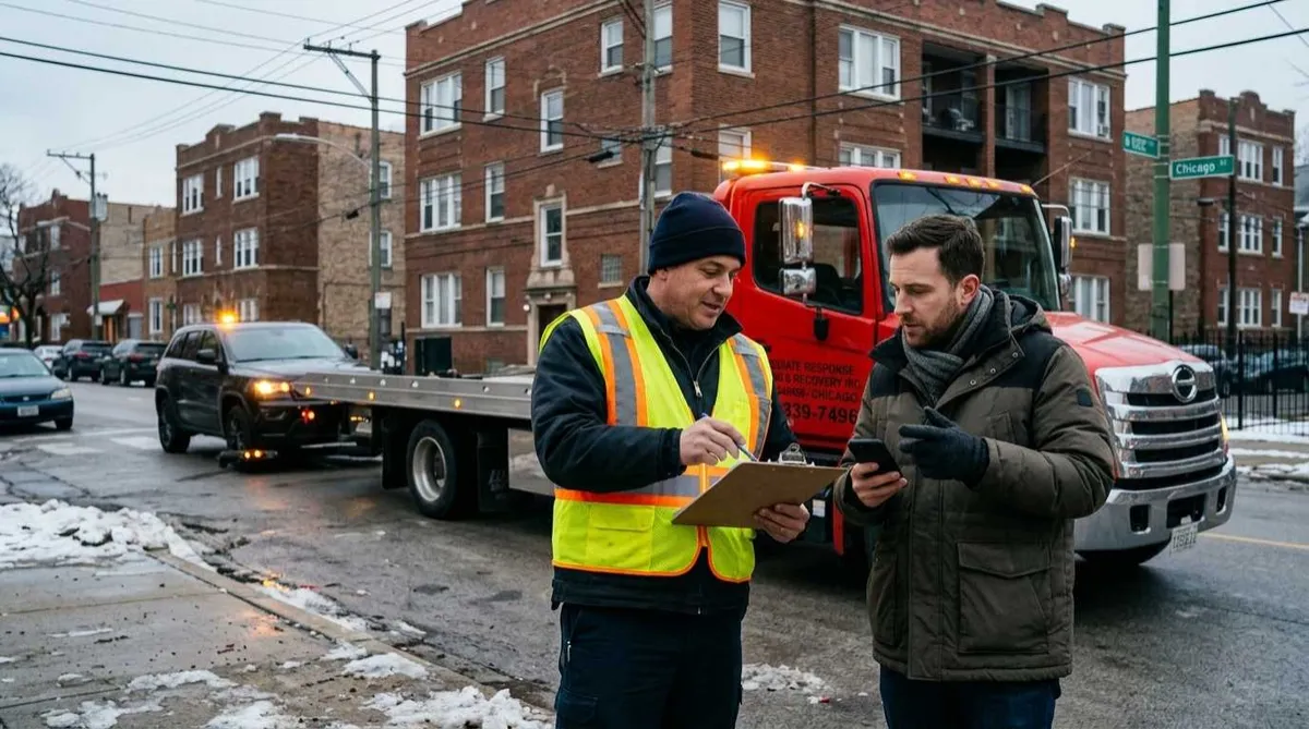 Tow truck driver confirming a towing quote with a customer in Chicago