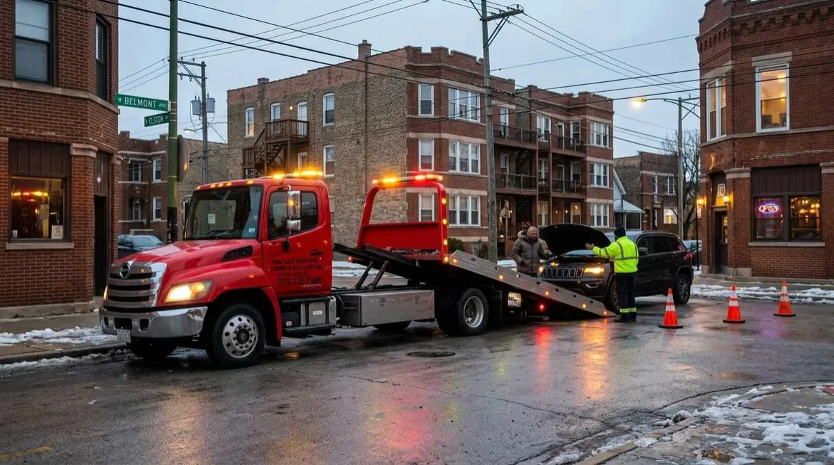 Emergency tow truck responding to a breakdown in Avondale Chicago 60618