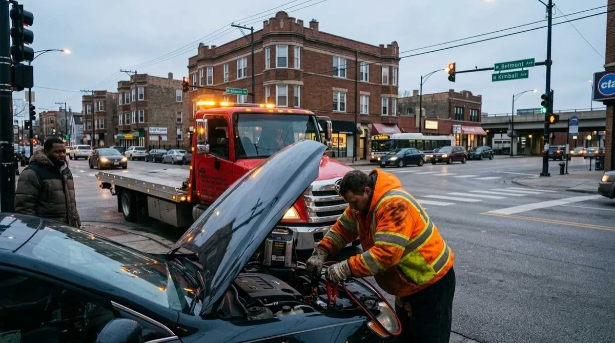 Technician jump starting a dead battery near Belmont and Kimball in Avondale