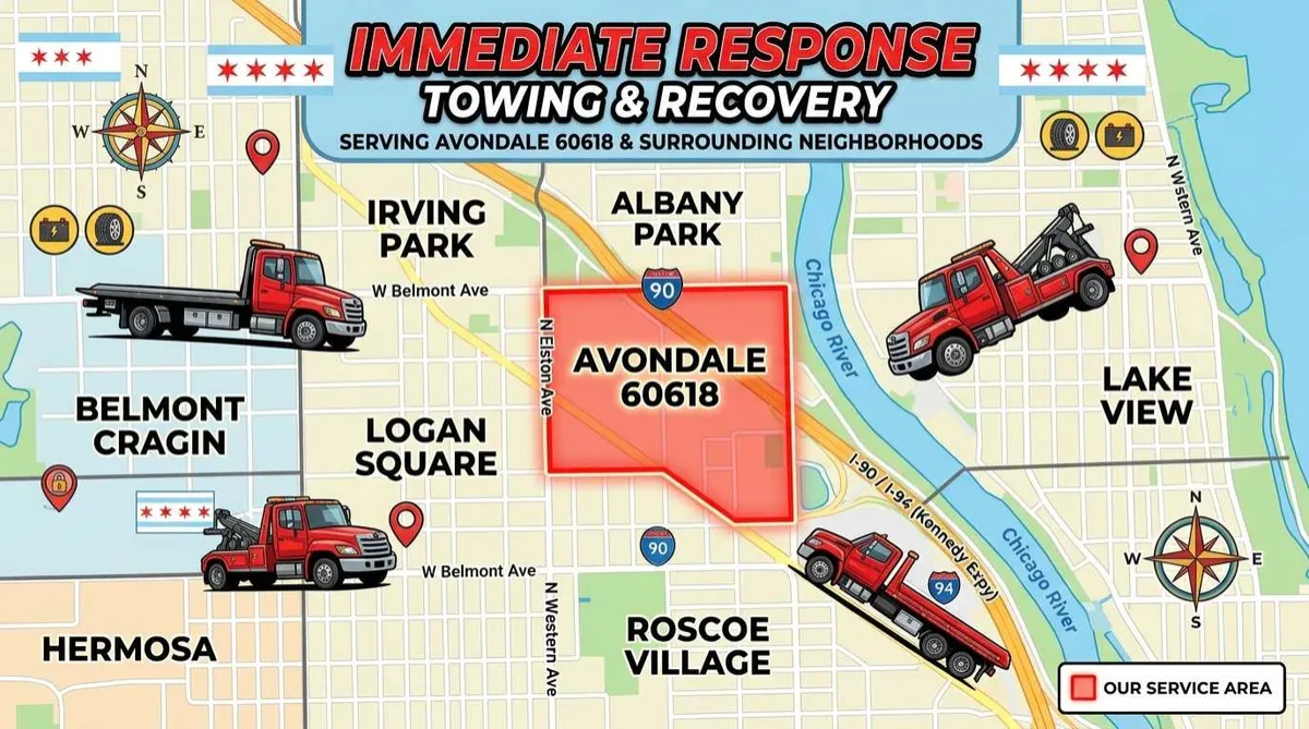 Map of Avondale 60618 and nearby neighborhoods served by Immediate Response Towing