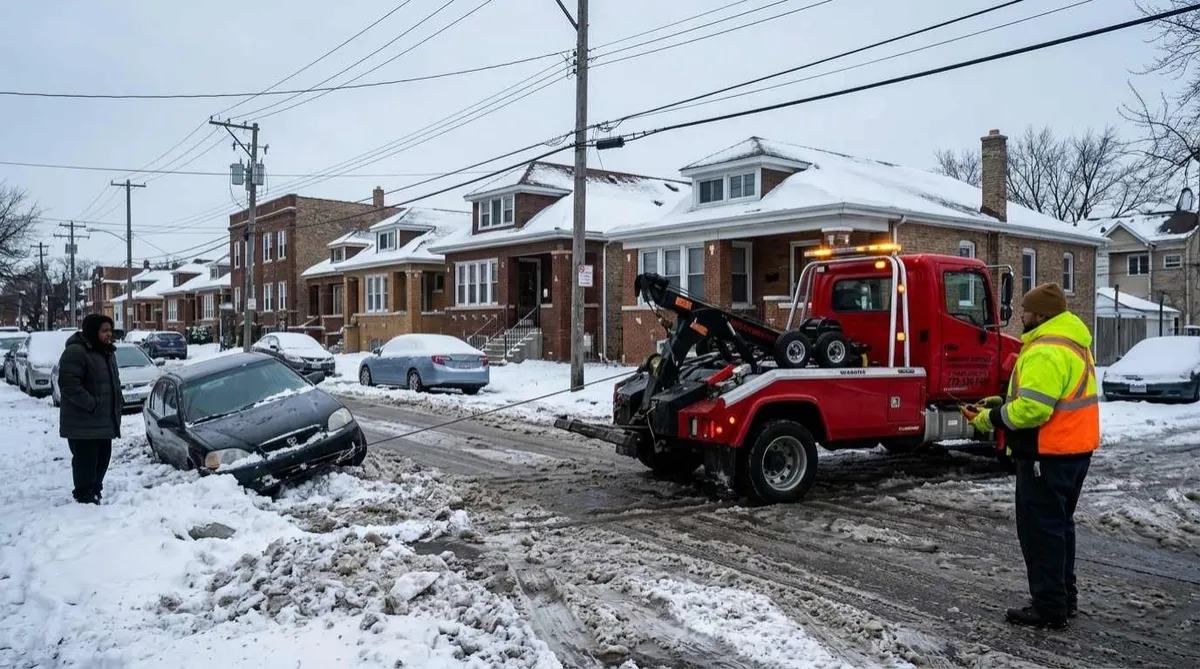 Tow truck pulling a car out of snow on a Northwest Side Chicago street