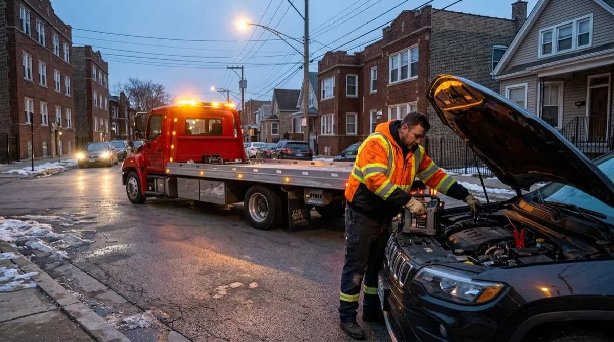 Roadside assistance truck helping a stranded motorist with a vehicle problem in Avondale, Chicago