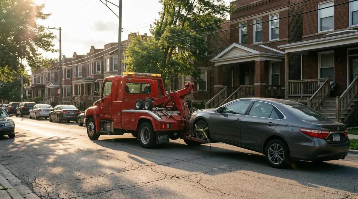 Light-duty tow truck transporting a passenger car in Avondale, Chicago, Illinois