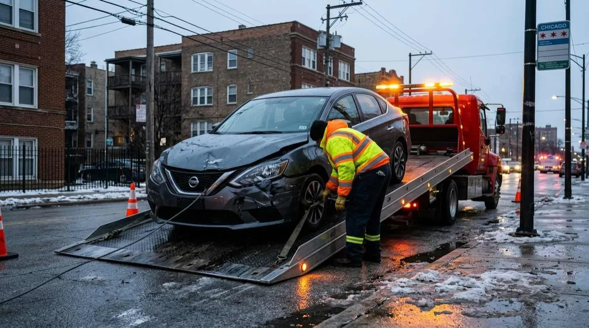 Flatbed rollback tow truck loading a damaged car for safe transport in Avondale, Chicago