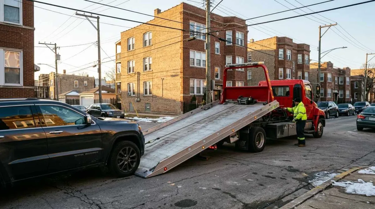 Tow truck recovering a disabled vehicle after a roadside breakdown in Chicago