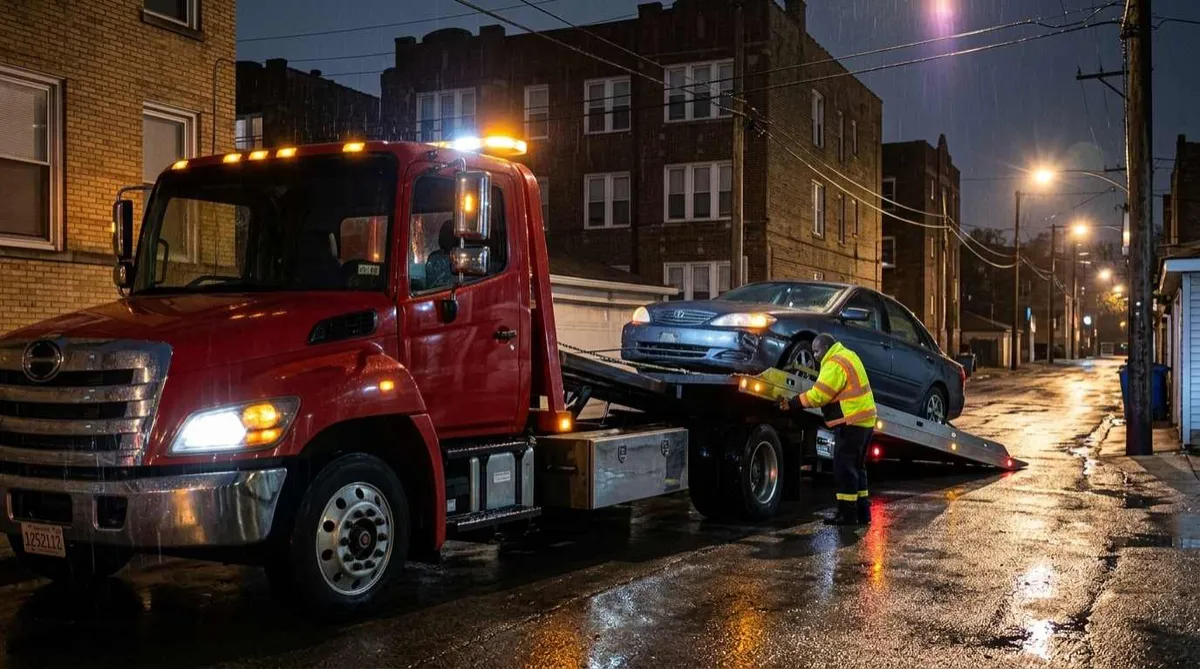 Emergency tow truck assisting a disabled vehicle in Avondale, Chicago, IL