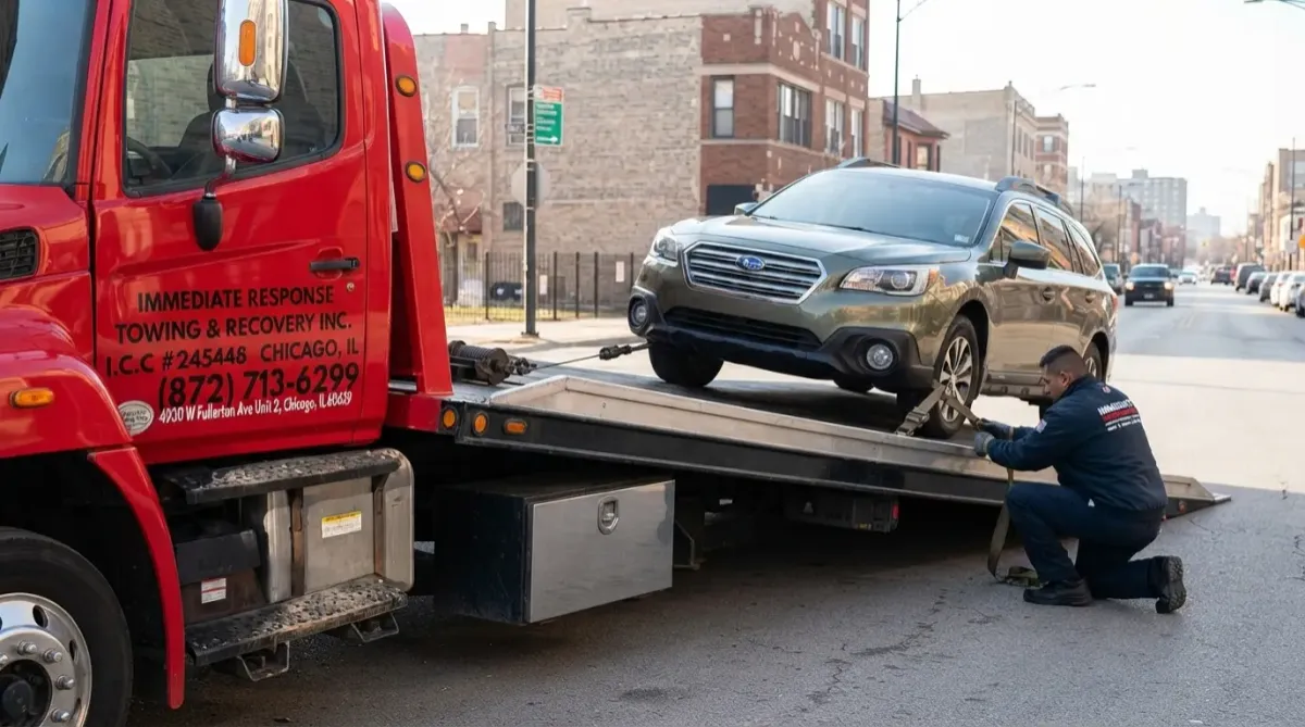 Damaged car being safely loaded onto a flatbed tow truck for accident recovery towing in Chicago