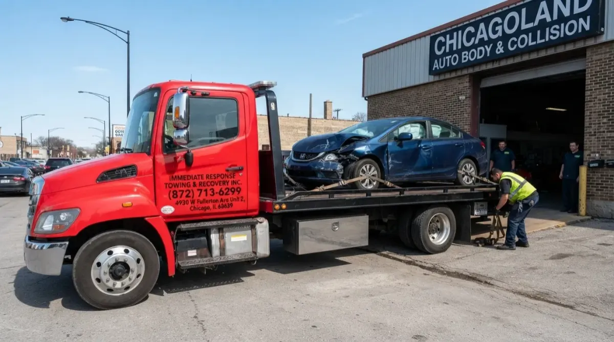 Wrecked car secured on a flatbed tow truck for post-accident vehicle transport in Chicago