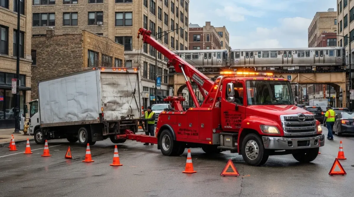 Heavy-duty accident recovery tow truck assisting a commercial vehicle in Chicago