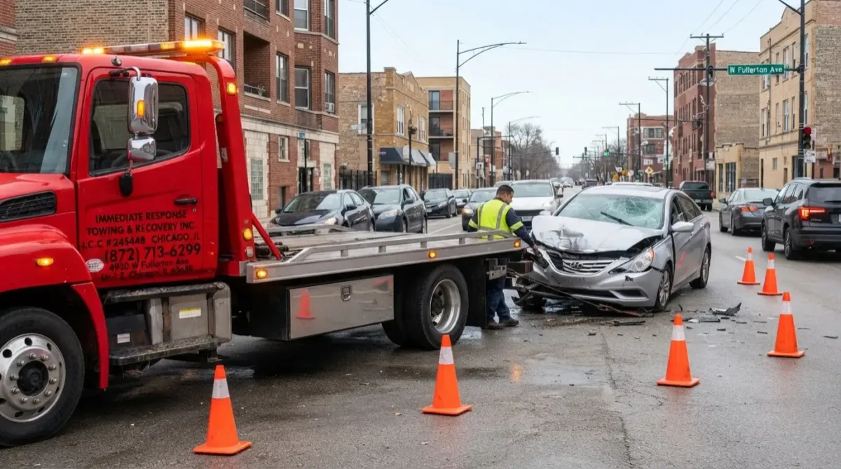 Collision recovery tow truck removing a wrecked vehicle after a car accident in Chicago