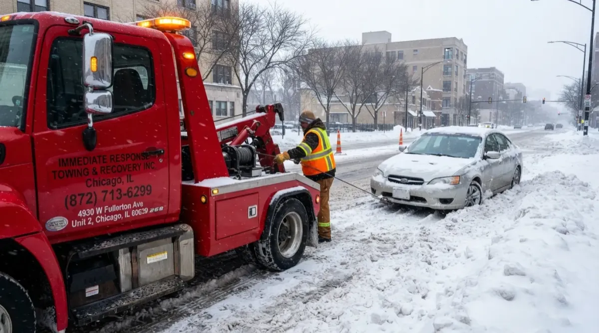 Winch recovery of a vehicle stuck in a Chicago snowbank by Immediate Response Towing Chicago