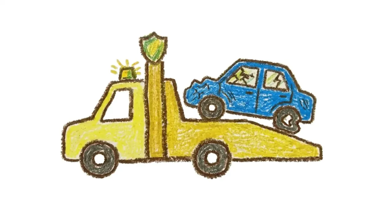 Tow truck carrying damaged car- Flatbed Accident Towing