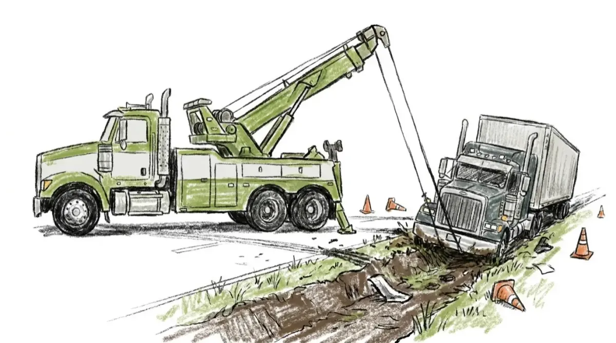 Tow truck towing, winching and recovering semi truck after accident