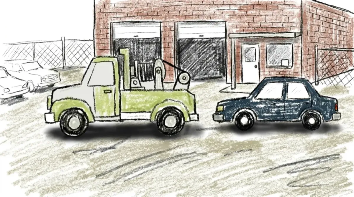 Tow truck transporting and delivering damaged car