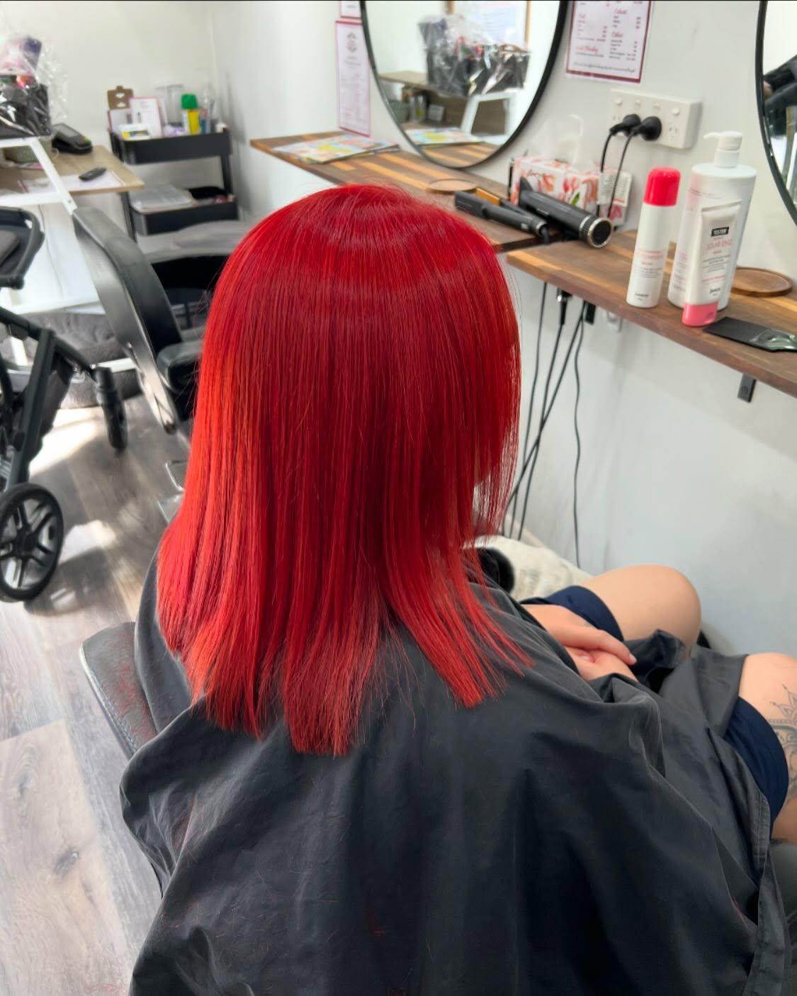 Vibrant red hair colour transformation Burpengary East salon