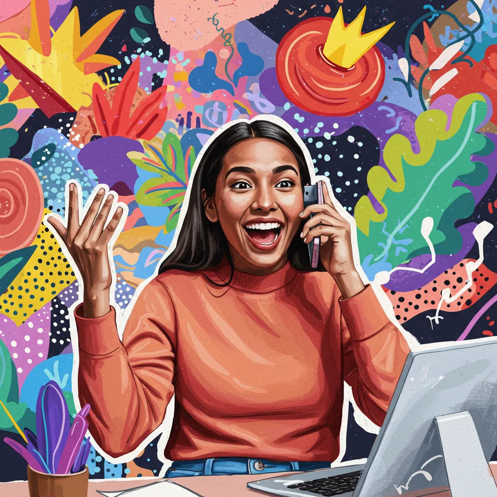 Business owner making a phone call in a cozy workspace, with a laptop and coffee mug on the desk. The scene is warm and inviting, featuring soft lighting and a relaxed, approachable atmosphere.