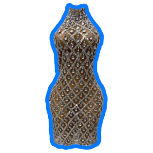 Designer skin-tight dress with a raindrop pattern, recently cleaned and treated with couture care at Prime Laundry - Ocala, showcasing the meticulous care and specialized treatment that sets couture care apart from standard dry cleaning services.
