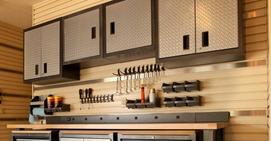 overhead cabinets in garage workspace
