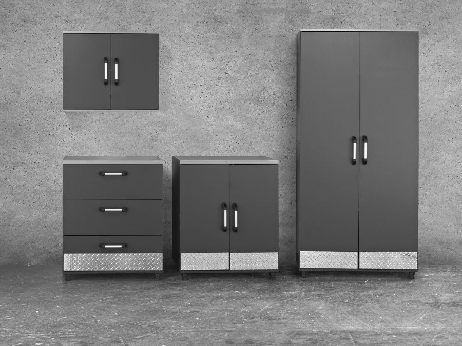 gray garage cabinet colors with a metallic touch