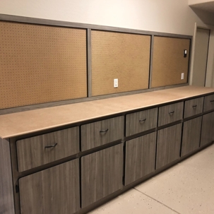 long workbench with integrated storage solutions