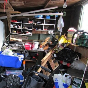cluttered and disorganized shed