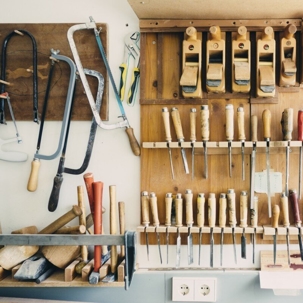 well-organized collection of woodworking tools