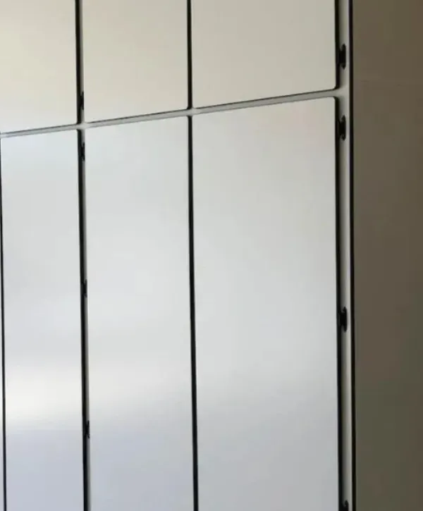 Modern garage cabinet with white flat panels and black hinges