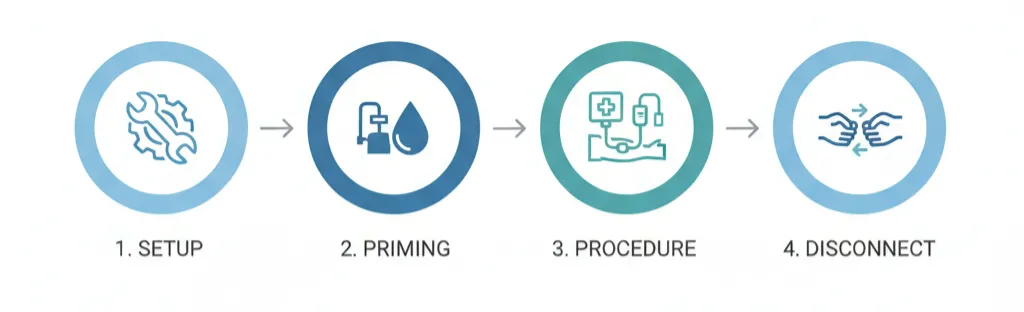 Vertical four-step EBOO clinical training system workflow: 1. Setup, 2. Priming, 3. Procedure, 4. Disconnect.