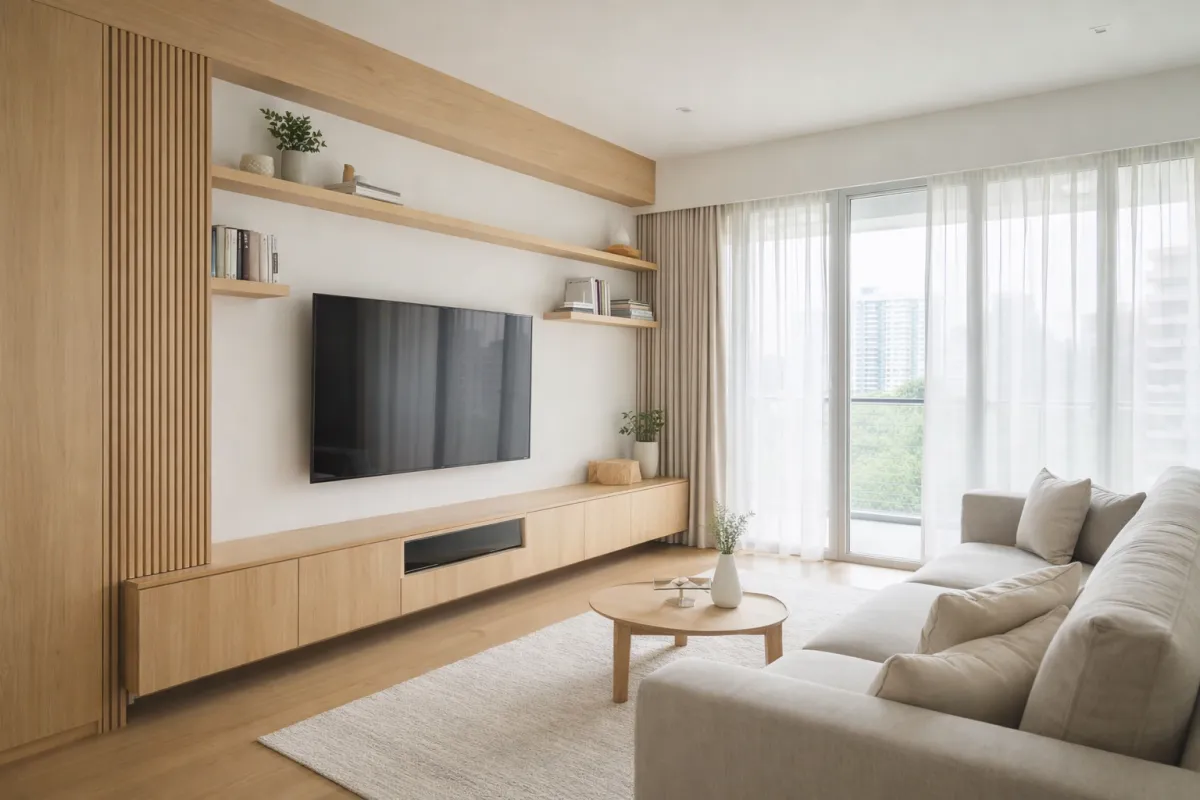 Minimalist living room with light wood built-in shelving and cabinetry, wall-mounted flat-screen TV, beige sofa, round wooden coffee table, and sheer floor-to-ceiling curtains leading to a balcony with a city view.